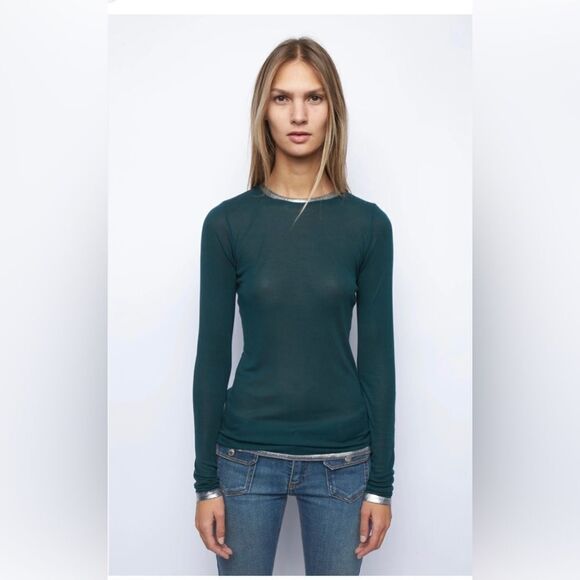 Zadig & Voltaire Willy foil silver Long sleeve top color Peacock Sz Large. NWT - Picture 1 of 7